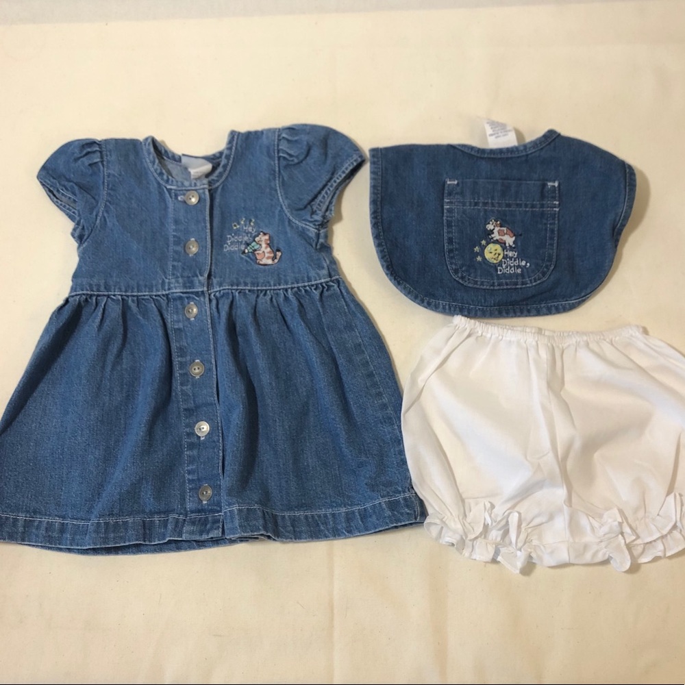 Baby Girl Denim Jean Dress, Bib, and Bloomers